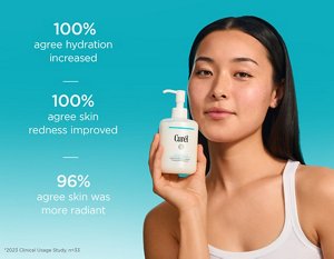 Young Woman with nourished skin holding Curél Hydrating makeup Cleanser